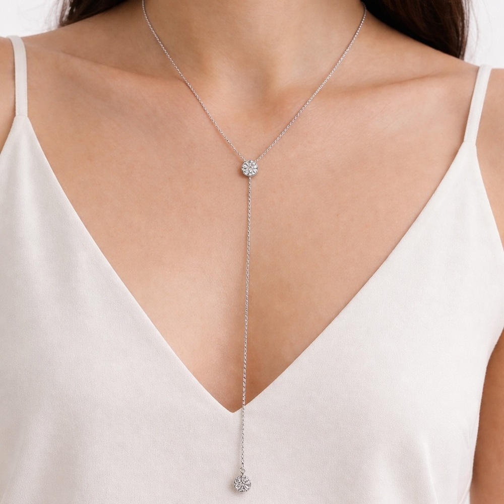 Saks Fifth Avenue Vintage Silver Drop Necklace With Cubic Zirconia Spheres